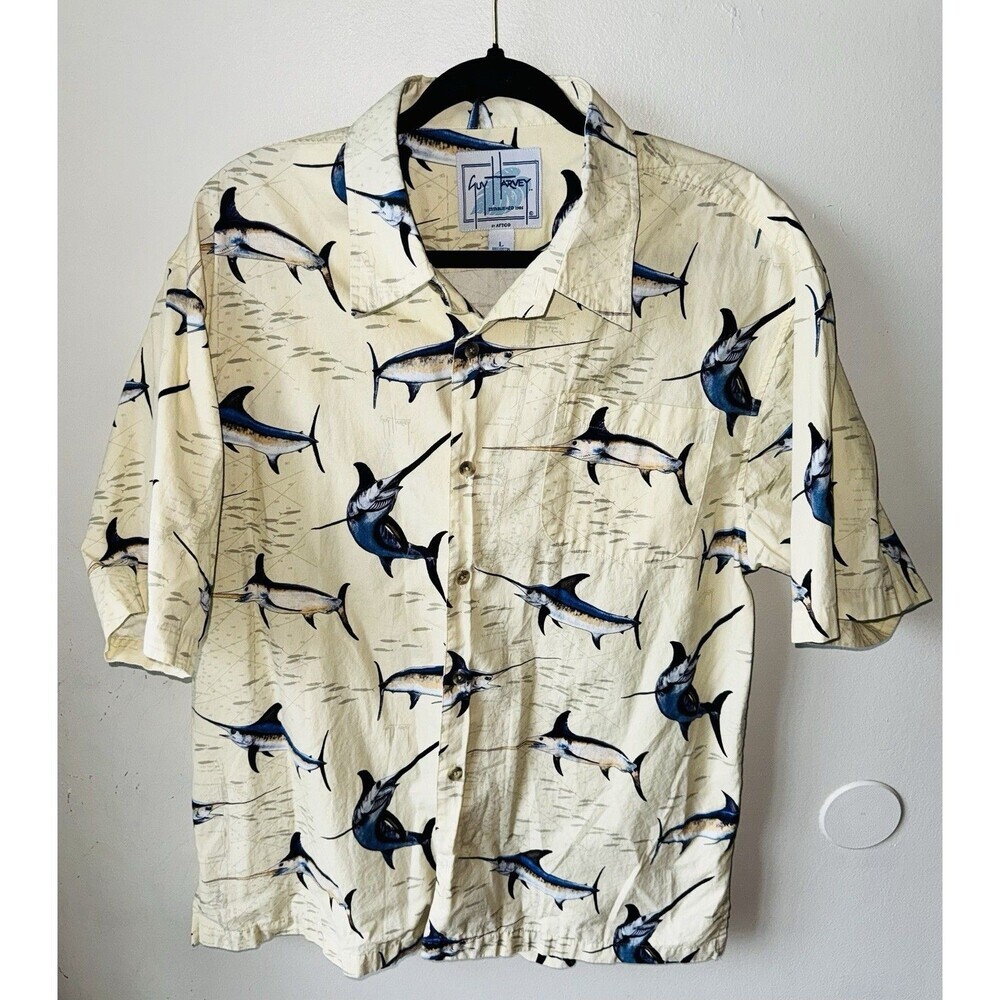 Guy Harvey By Aftco Bluewater Polo Mens L- Fishing Marlin Tuna Graphic Button Up